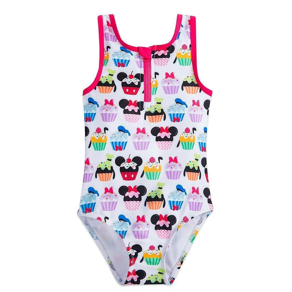 Disney Girls Mickey Minnie Cupcake One Piece Swimsuit Pink‎ White Zip Front 7/8